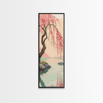 Serene Weeping Cherry Tree with Gentle Reflections in Water - Skinny Art, Japanese Wall Decor, Framed Canvas Print, Ukiyo-e Style