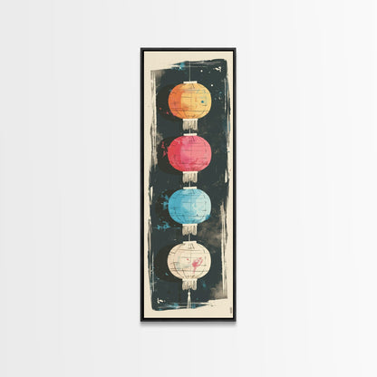 Colorful Lanterns Hanging in a Vertical Row with Abstract Background - Skinny Art, Japanese Wall Decor, Framed Canvas Print, Ukiyo-e Style