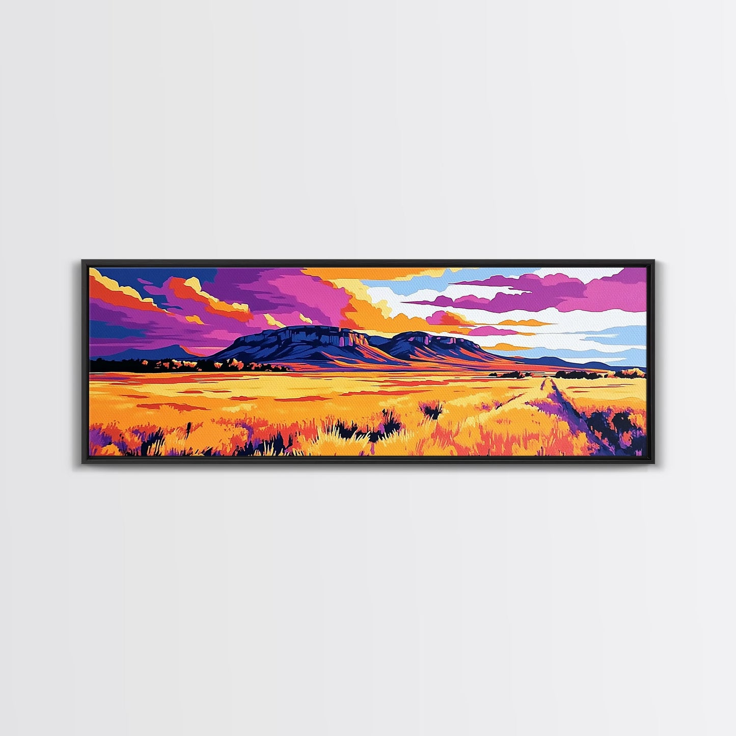 Vibrant mountain, pink orange wall art, Joshua tree art, geometric wall art, panoramic art, framed canvas print, landscape painting