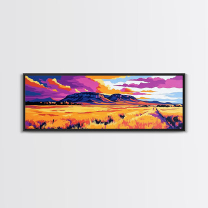 Vibrant mountain, pink orange wall art, Joshua tree art, geometric wall art, panoramic art, framed canvas print, landscape painting