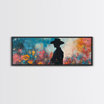 Black cowgirl painting, western decor, wildflower painting, boho art, extra wide art, framed canvas print, rustic decor, poppy wall art