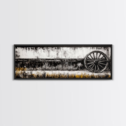 Wagon Wheel, barn landscape oil painting, black and white art, rustic decor, farmhouse art, extra wide art, Framed Canvas Print, moody art