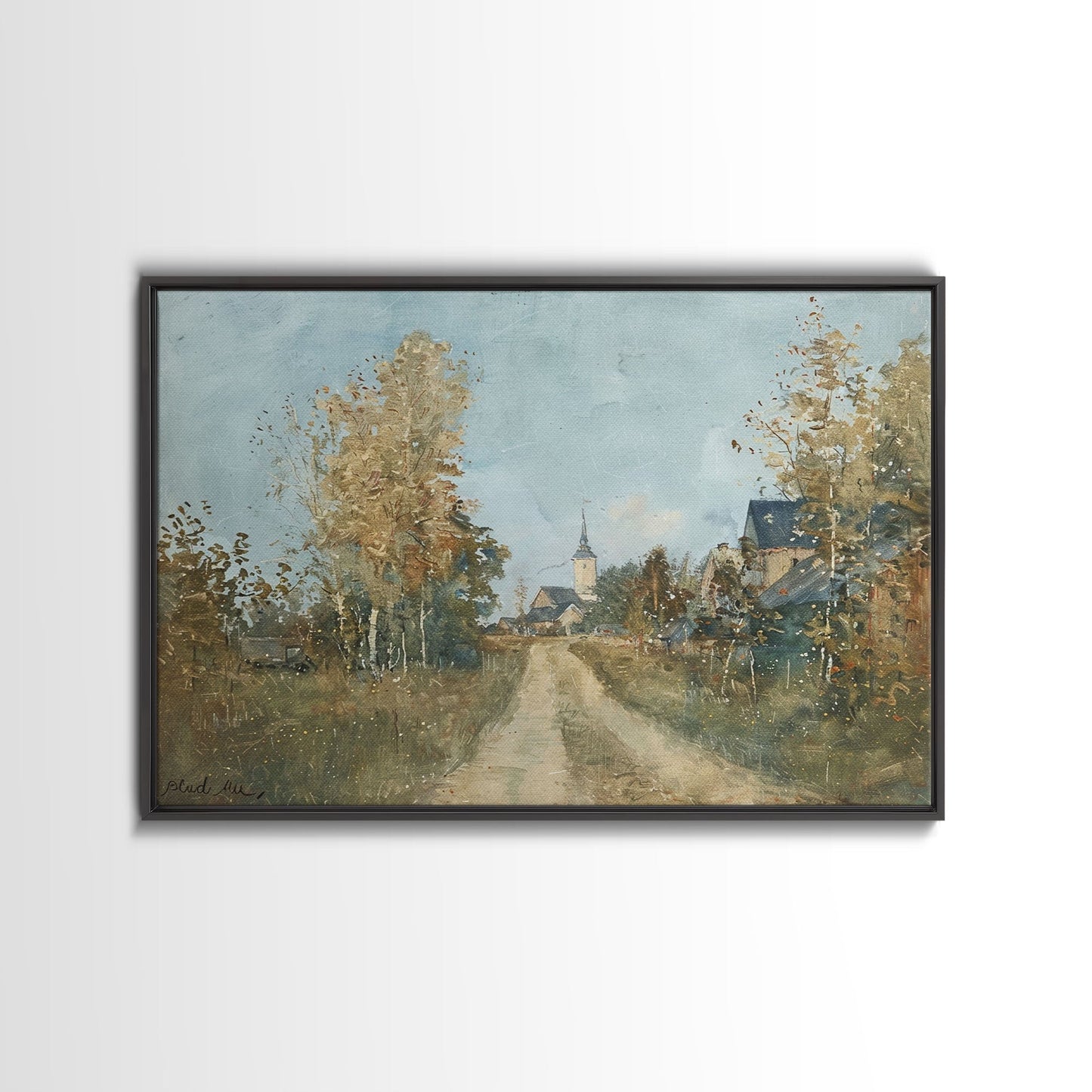 Old Country Road Leading To a Church, Framed Canvas Print, Unique Wall Art, One Of A Kind, folk art, Rustic Farmhouse