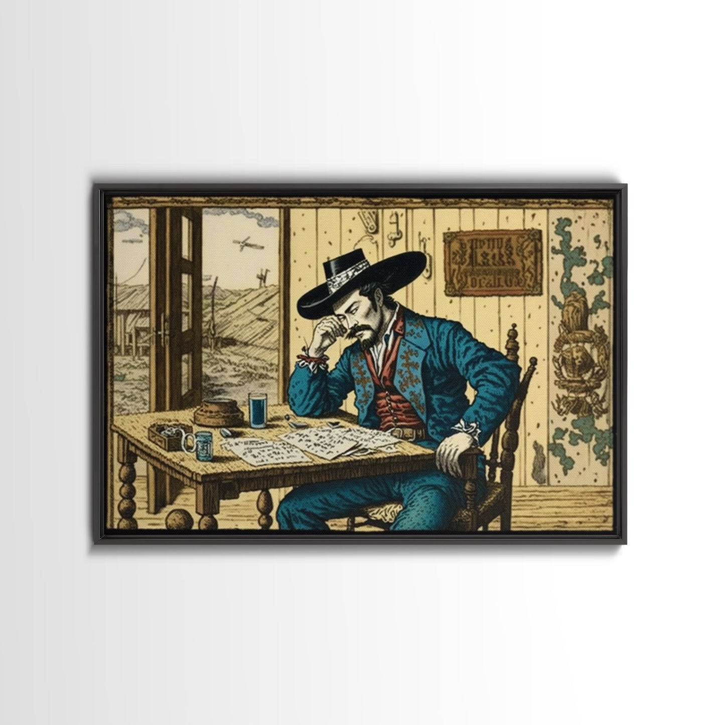 Japanese Cowboy, Wild West Samurai Mashup Art, Framed Canvas Print, Wild Western Decor, Home Art, Living Room Decor