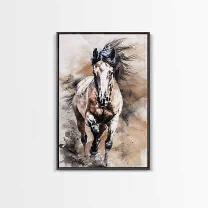 Charging Horse with Dust - Framed Canvas Print, Intense Living Room Art, Bold Bedroom Decor, Equestrian Art, Wall Art