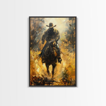 Cowboy Riding Horse into the Distance - Framed Canvas Print, Western Art, Rustic Decor, Living Room Wall Art, Cowboy Themed Art