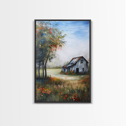 Idyllic Barn Scene with Rustic Charm - Framed Canvas Print, Country Living Room Decor, Farmhouse Wall Art, Barn Art Print for Bedroom