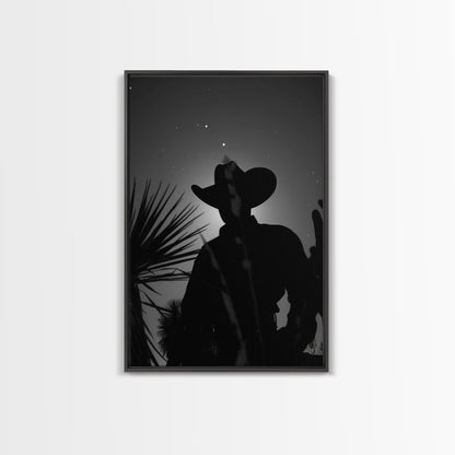Lone Cowboy Silhouette under the Stars in Black and White for Rustic Wall Art, Canvas Prints, Home Decor, Living Room Art, Bedroom Art