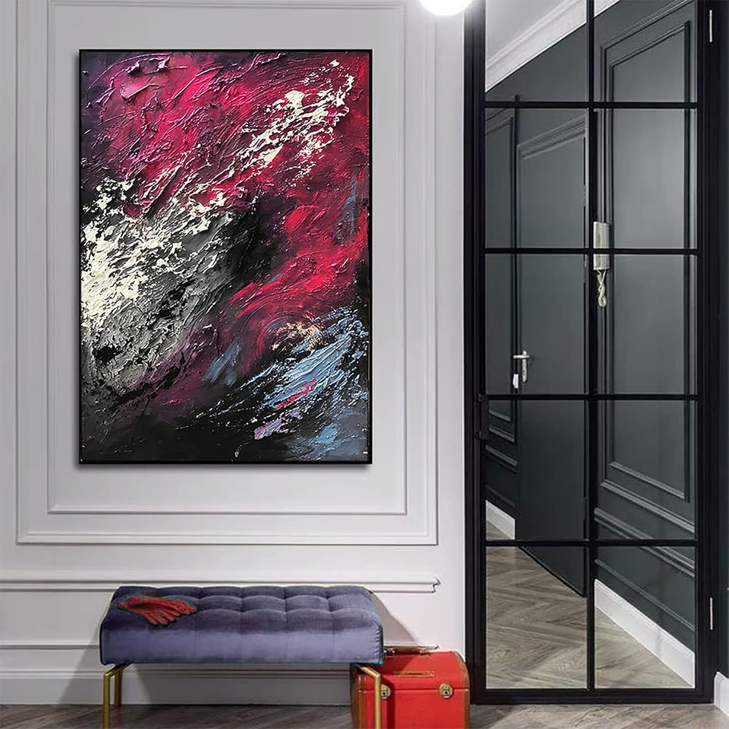 Stunning Large Hand-Painted Red & Blue Textured Canvas Wall Art - Ideal for Living Room, Bedroom & Office Décor (36x24 Inch)