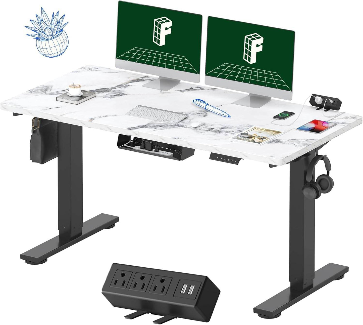 EN2 Height Adjustable Electric Standing Desk - 48"x30" with Clamp Power Strip & Cable Management (Gray Frame + Mahogany Top)