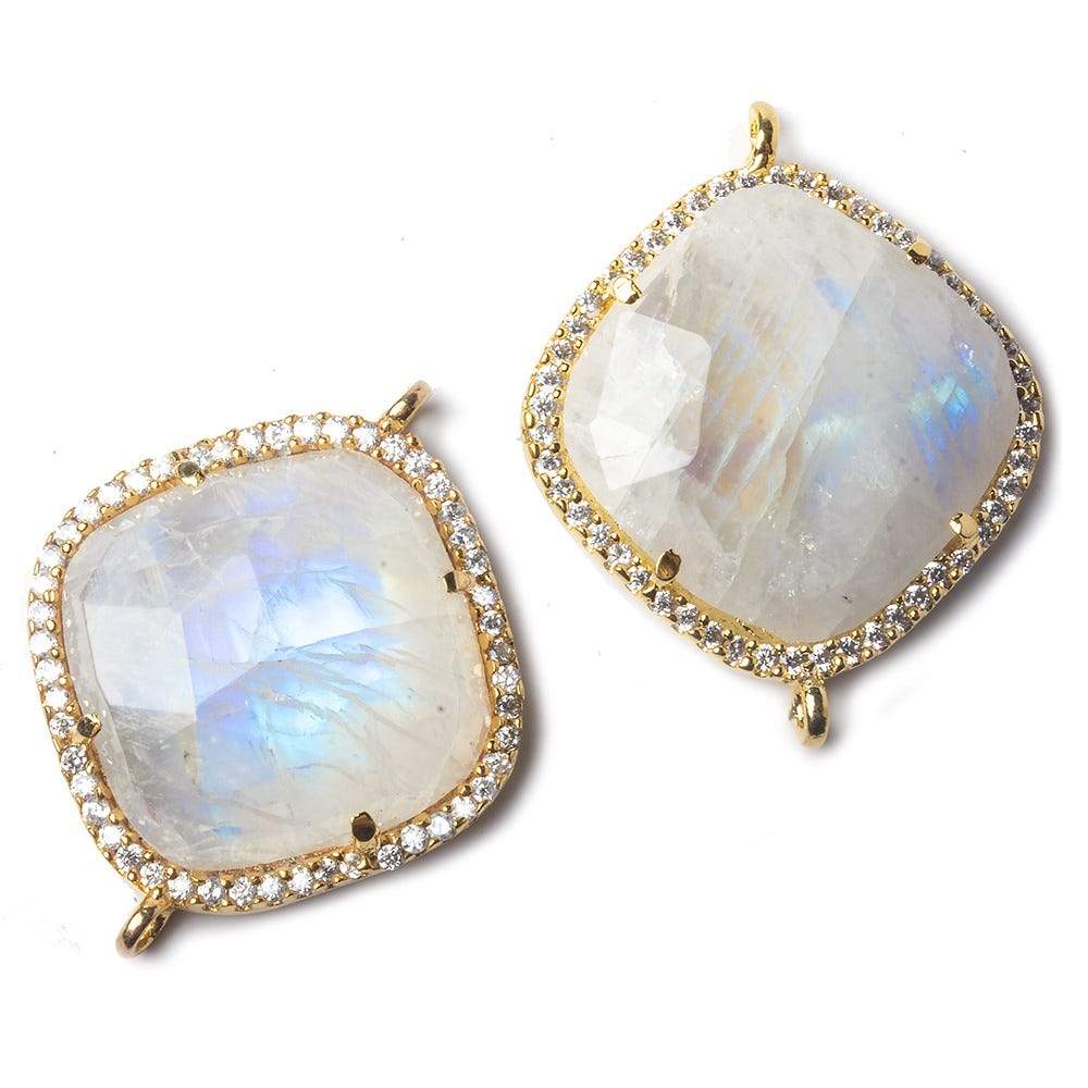 22x22mm Vermeil Bezeled CZ and Rainbow Moonstone Pillow Connector 1 piece