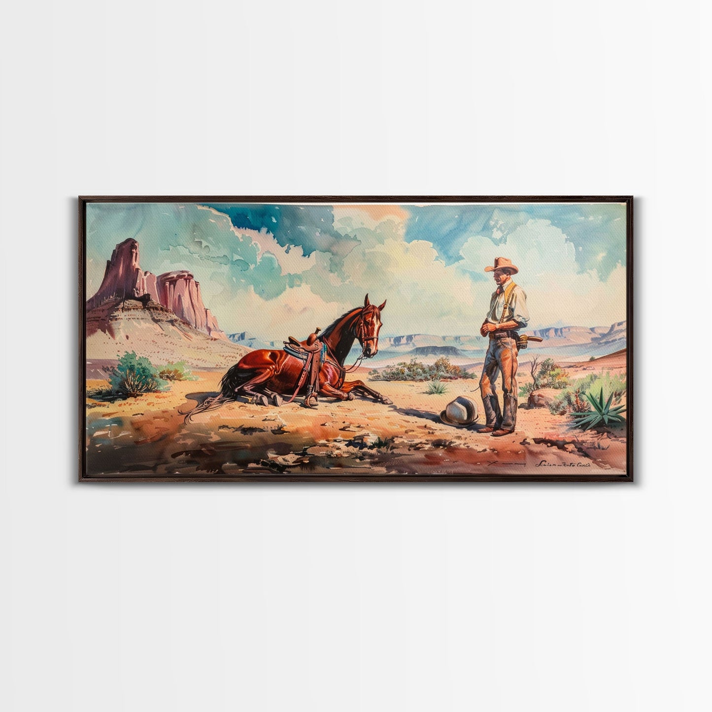 Cowboy and Horse in Desert Landscape, Rustic Farmhouse Art, Framed Canvas Print, Western Decor, Living Room Wall Art, Country Style