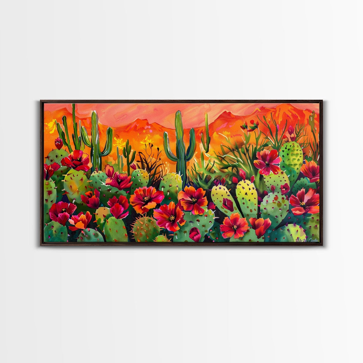 Colorful cactus garden in desert sunset, Framed Canvas Print, perfect for farmhouse living room, bohemian wall art