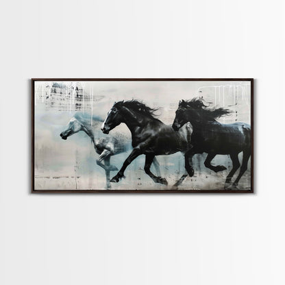 Galloping Horses in Monochrome Abstract Landscape, Perfect Wall Art, Framed Canvas Print for Living Room or Bedroom Decor, Equestrian Art