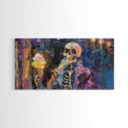 Halloween Art, Skeleton Having an Ice Cream Cone, Framed Canvas Print, Halloween Decor