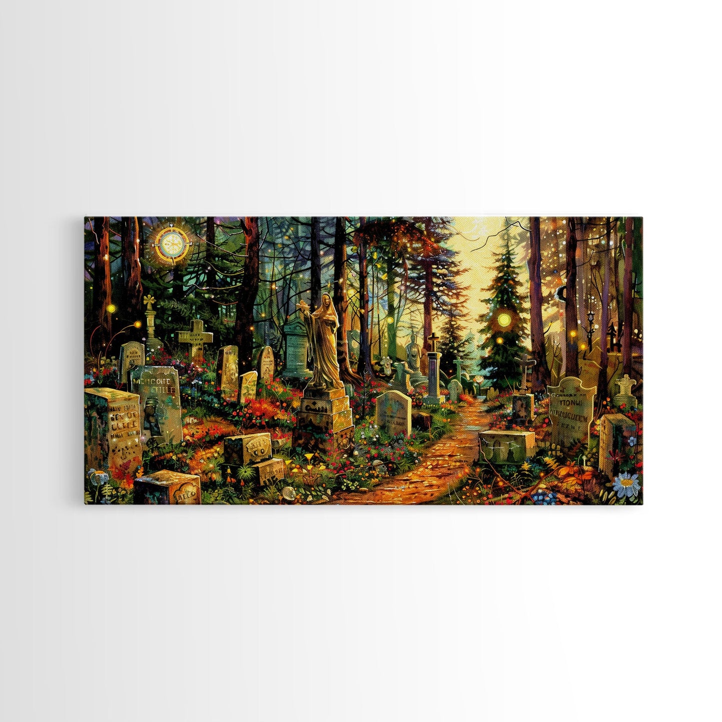 Colorful Haunted Grave Yard In The Spring Time, Framed Canvas Print, Spooky Wall Art, Halloween Spooky Season Decor