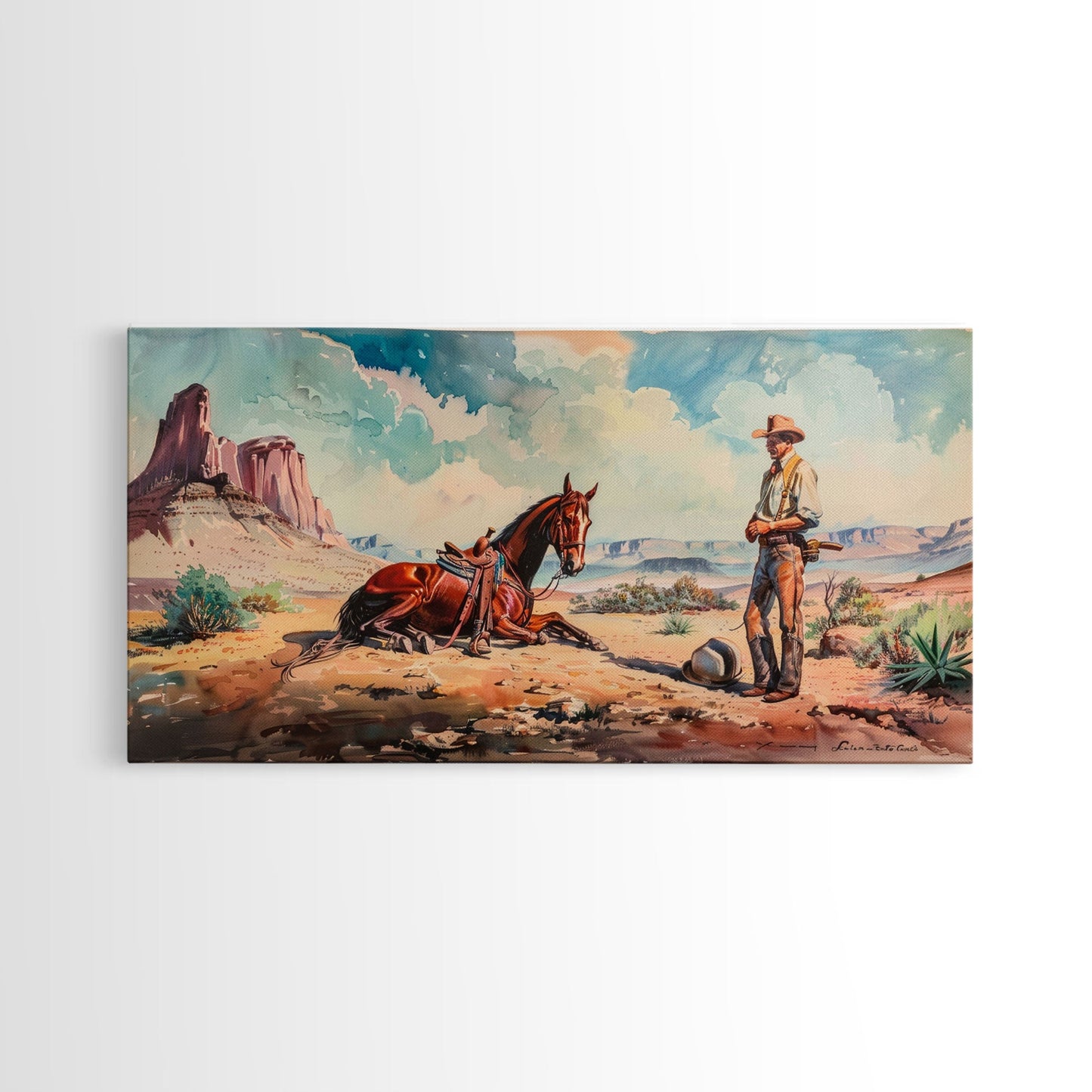 Cowboy and Horse in Desert Landscape, Rustic Farmhouse Art, Framed Canvas Print, Western Decor, Living Room Wall Art, Country Style