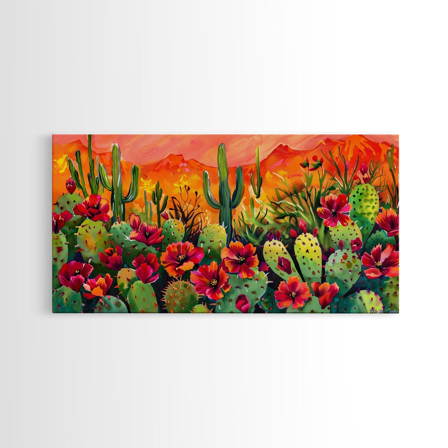 Colorful cactus garden in desert sunset, Framed Canvas Print, perfect for farmhouse living room, bohemian wall art