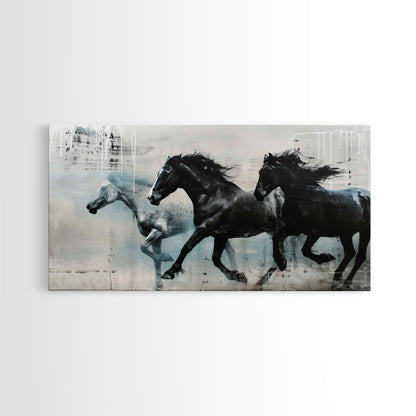 Galloping Horses in Monochrome Abstract Landscape, Perfect Wall Art, Framed Canvas Print for Living Room or Bedroom Decor, Equestrian Art
