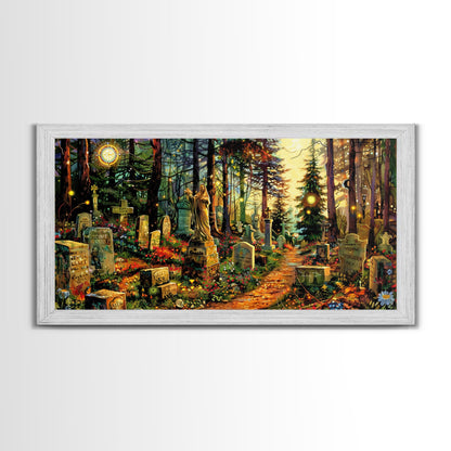 Colorful Haunted Grave Yard In The Spring Time, Framed Canvas Print, Spooky Wall Art, Halloween Spooky Season Decor