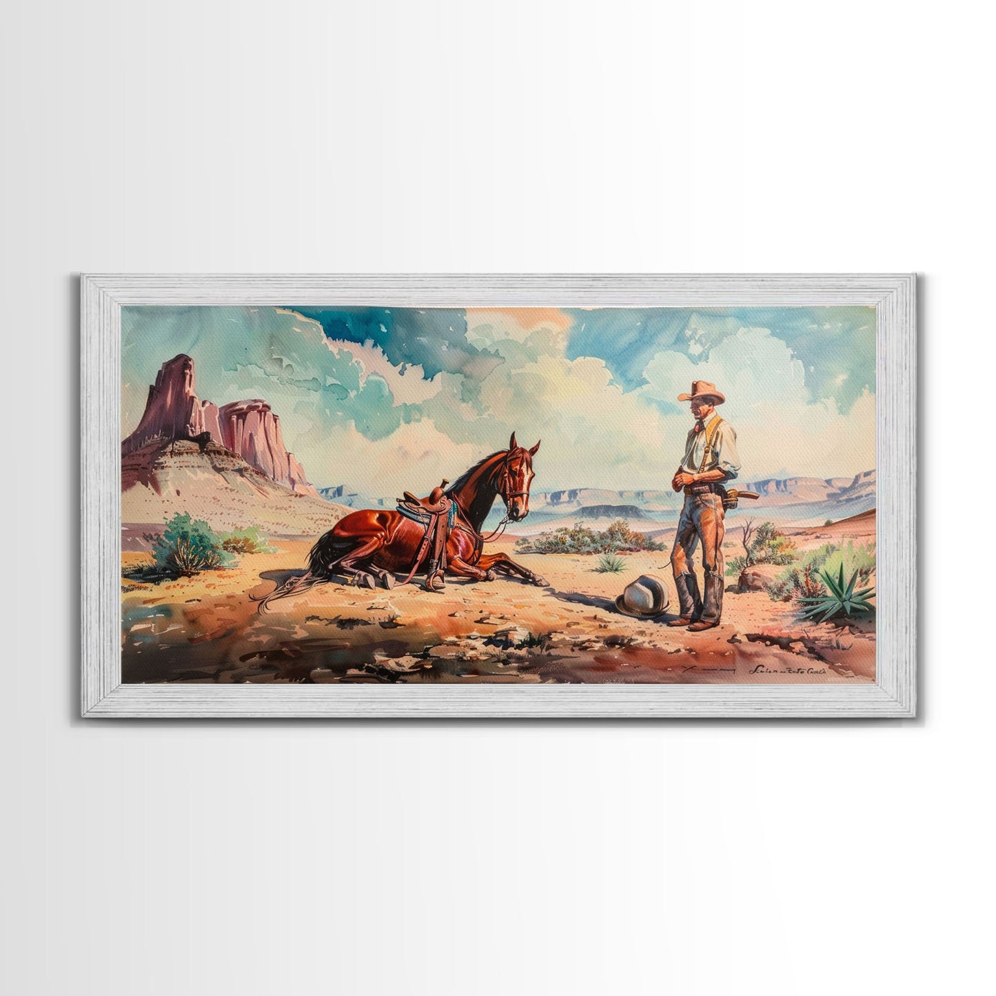 Cowboy and Horse in Desert Landscape, Rustic Farmhouse Art, Framed Canvas Print, Western Decor, Living Room Wall Art, Country Style