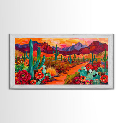 Vibrant desert scene with cacti and blooming flowers, Framed Canvas Print for boho living room, southwestern home decor art
