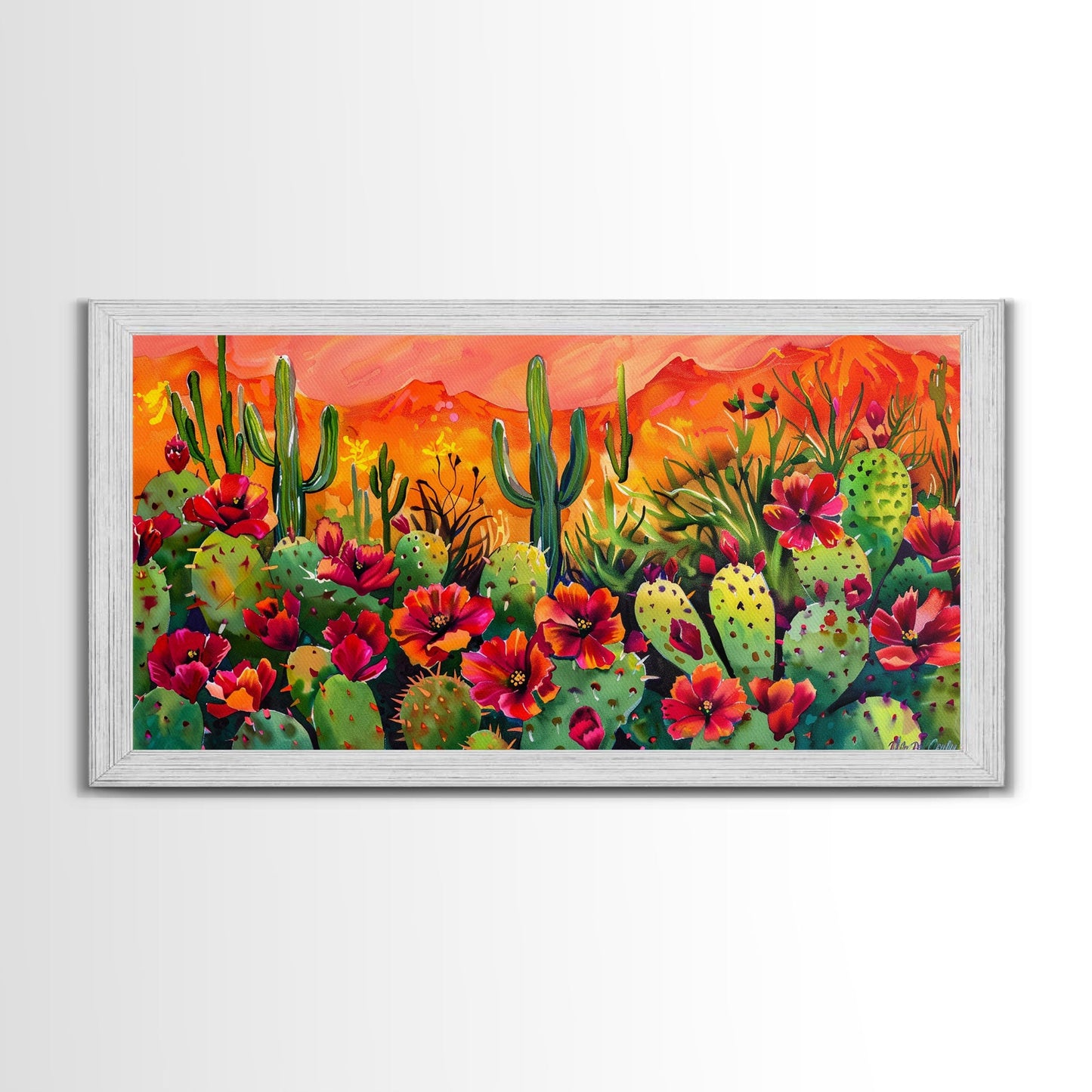 Colorful cactus garden in desert sunset, Framed Canvas Print, perfect for farmhouse living room, bohemian wall art