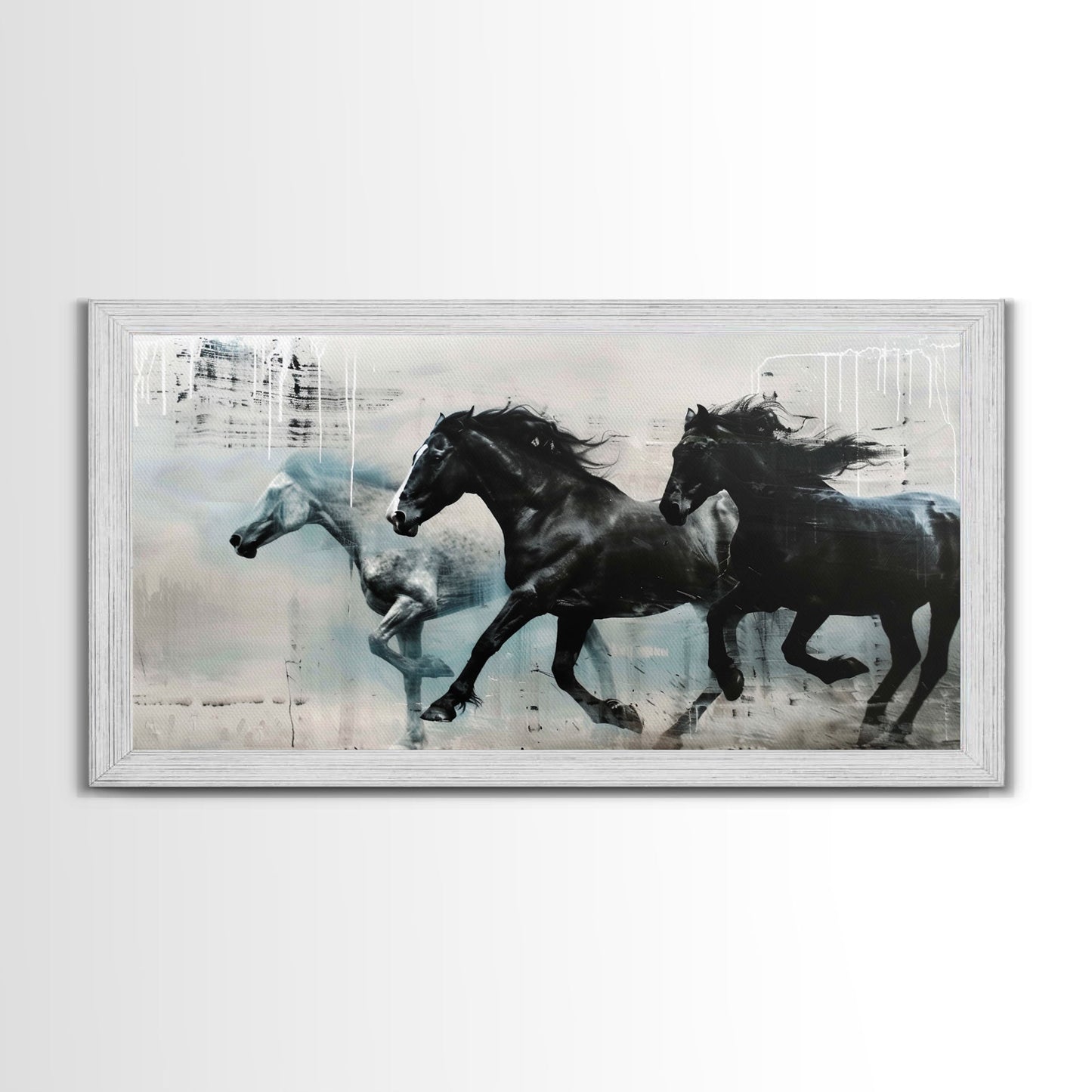 Galloping Horses in Monochrome Abstract Landscape, Perfect Wall Art, Framed Canvas Print for Living Room or Bedroom Decor, Equestrian Art
