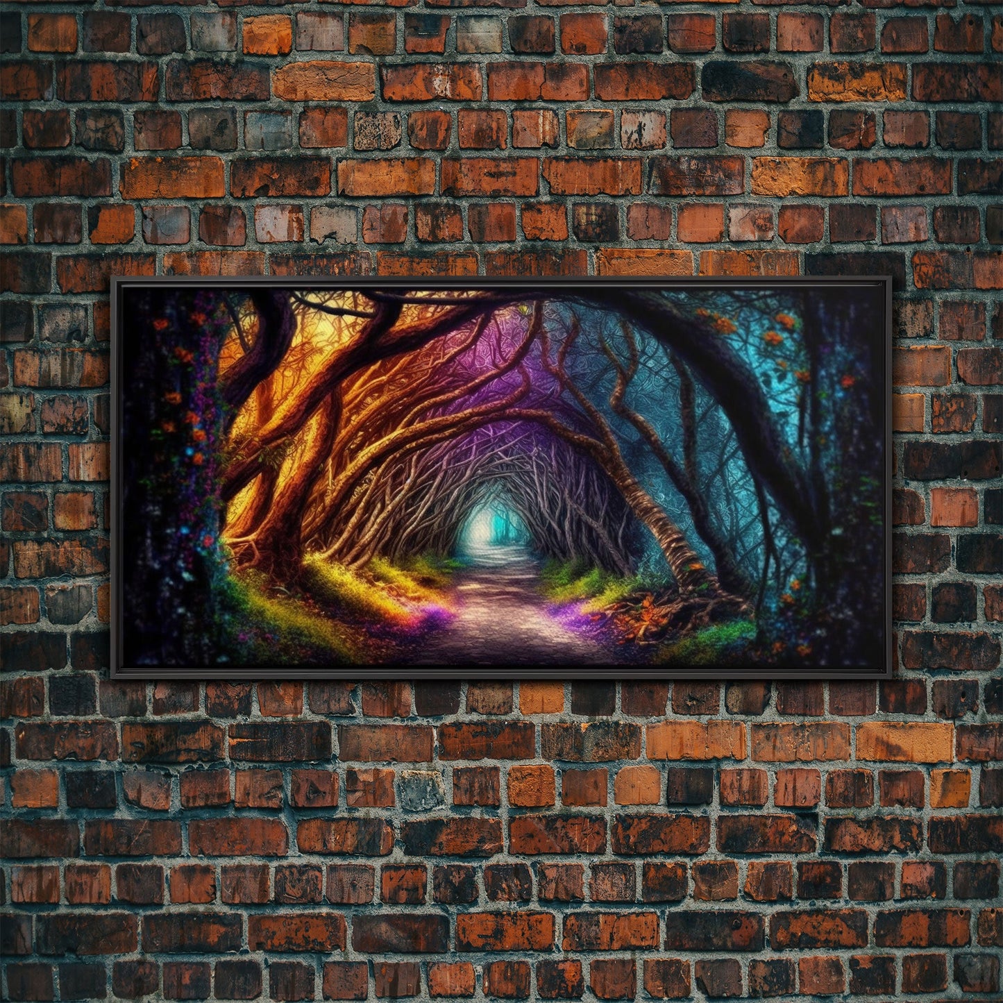 Secret Path, Fantasy Art, Pop Art Forest Landscape, Framed Canvas Print, Colorful Forest Painting, Living Room Art, Glowing Magical Forest