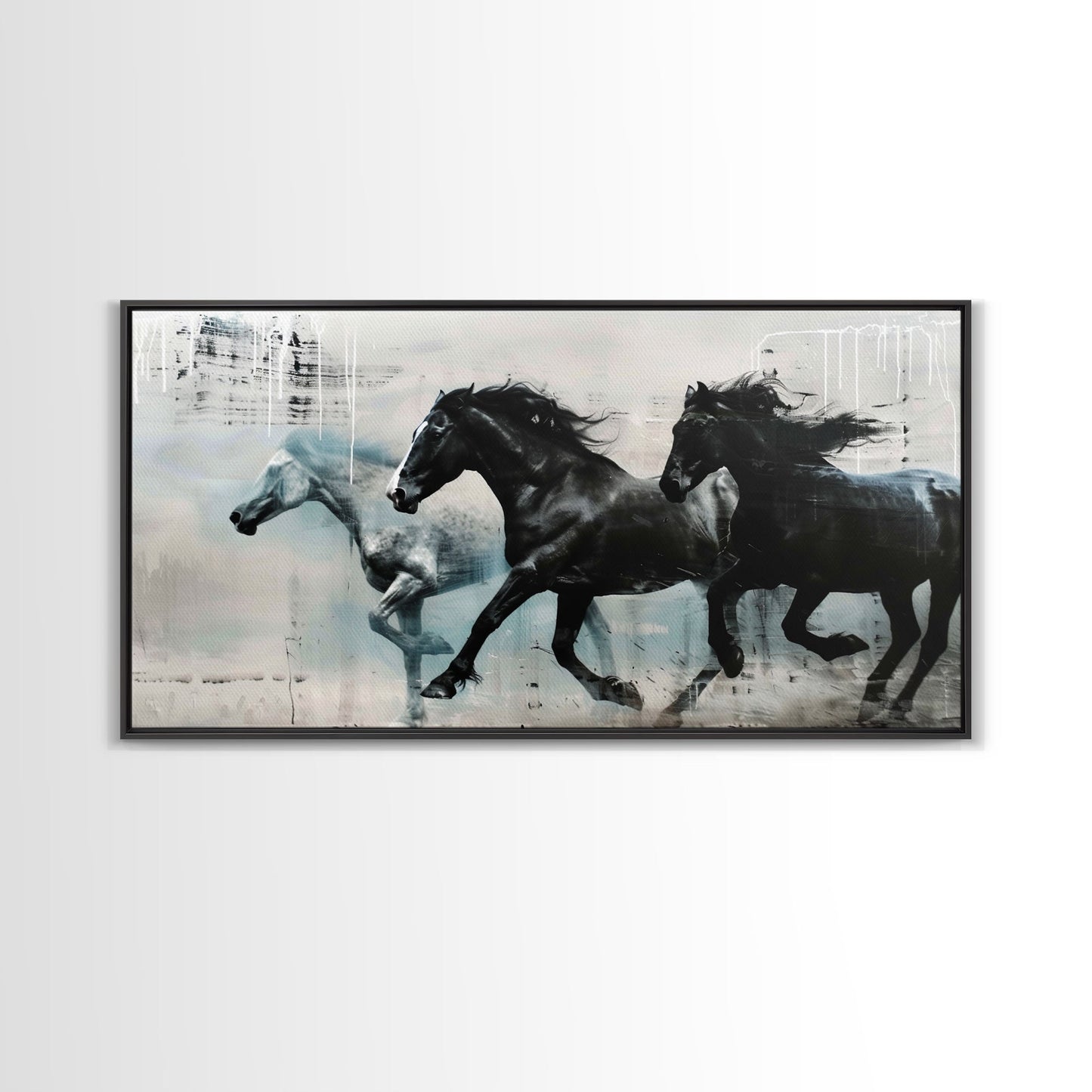 Galloping Horses in Monochrome Abstract Landscape, Perfect Wall Art, Framed Canvas Print for Living Room or Bedroom Decor, Equestrian Art