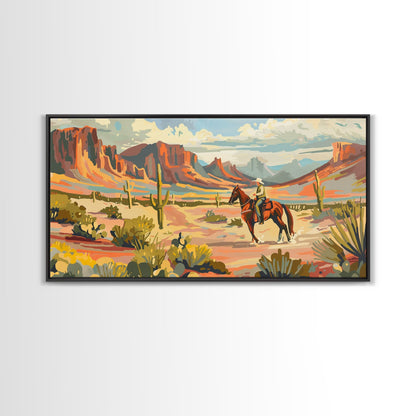 Serene Desert Scene with Cowboy, Ideal for Living Room Art, Framed Canvas Print, Bedroom Decor, Home Decoration, Southwestern Decor