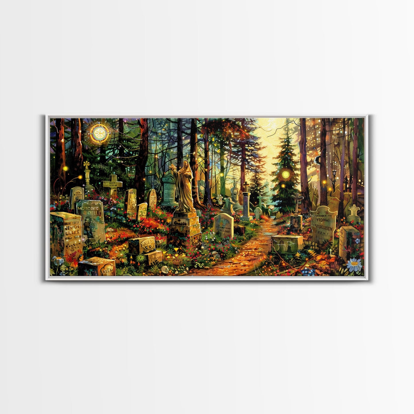 Colorful Haunted Grave Yard In The Spring Time, Framed Canvas Print, Spooky Wall Art, Halloween Spooky Season Decor