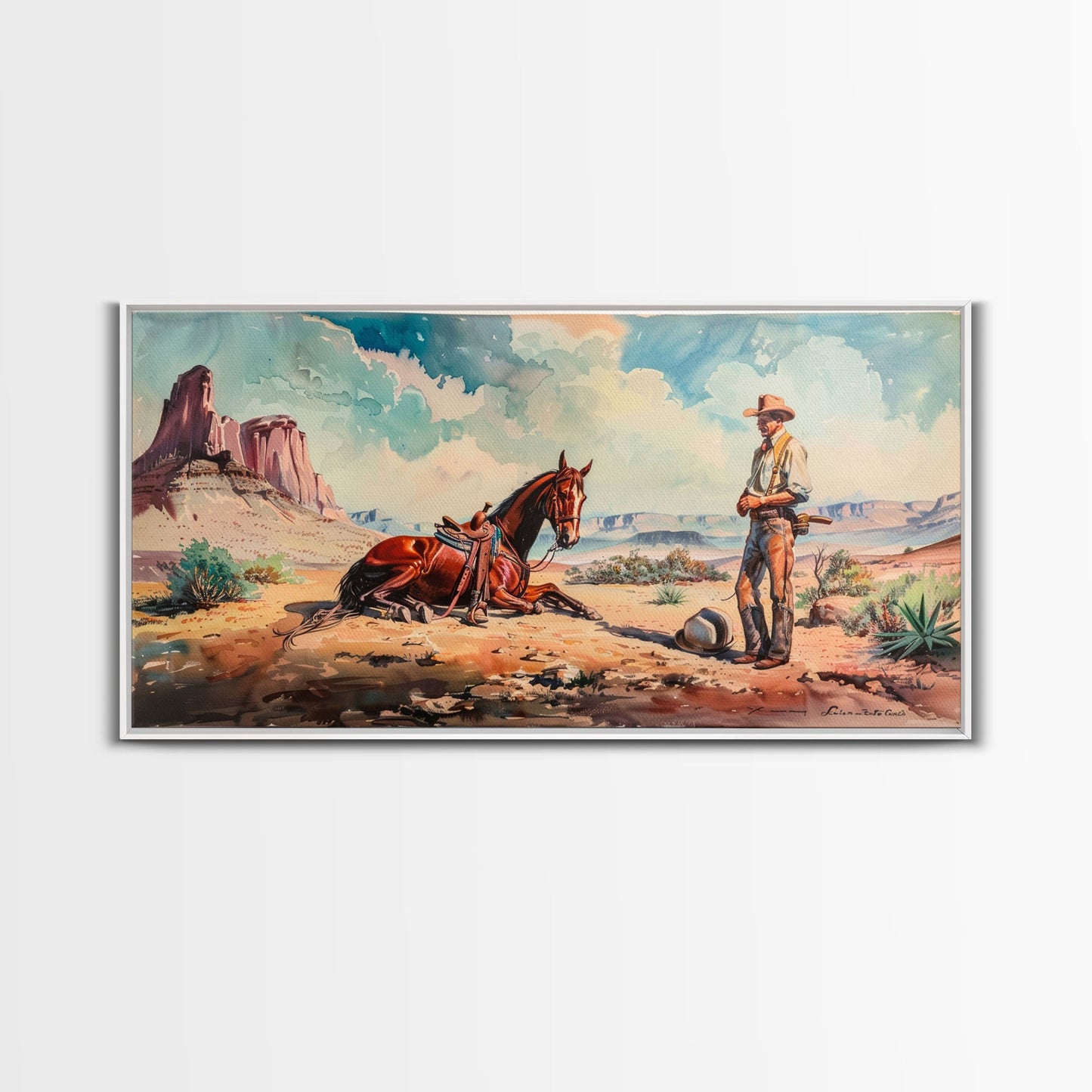 Cowboy and Horse in Desert Landscape, Rustic Farmhouse Art, Framed Canvas Print, Western Decor, Living Room Wall Art, Country Style