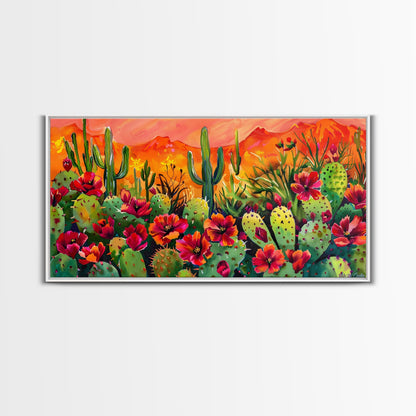 Colorful cactus garden in desert sunset, Framed Canvas Print, perfect for farmhouse living room, bohemian wall art
