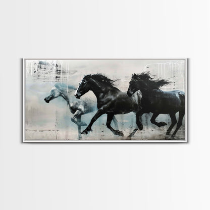 Galloping Horses in Monochrome Abstract Landscape, Perfect Wall Art, Framed Canvas Print for Living Room or Bedroom Decor, Equestrian Art