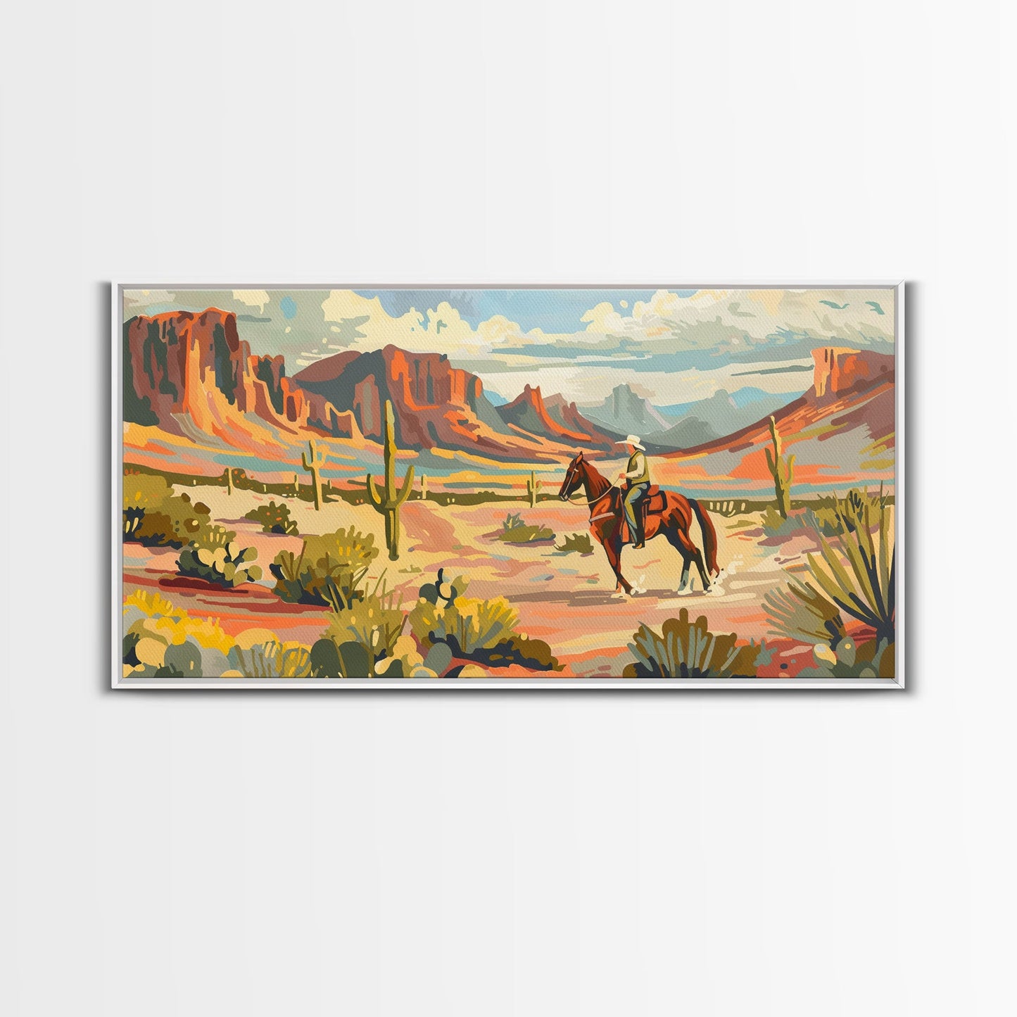 Serene Desert Scene with Cowboy, Ideal for Living Room Art, Framed Canvas Print, Bedroom Decor, Home Decoration, Southwestern Decor