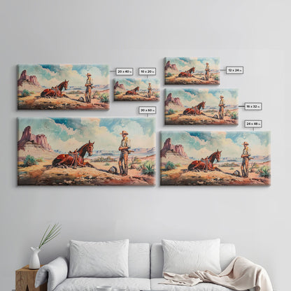 Cowboy and Horse in Desert Landscape, Rustic Farmhouse Art, Framed Canvas Print, Western Decor, Living Room Wall Art, Country Style