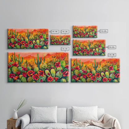 Colorful cactus garden in desert sunset, Framed Canvas Print, perfect for farmhouse living room, bohemian wall art