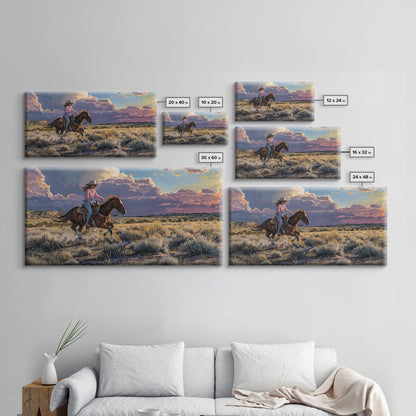 Cowgirl Galloping Across Desert Landscape, Vibrant Framed Canvas Print, Perfect for Living Room Art, Western Bedroom Decor, Desert Wall Art