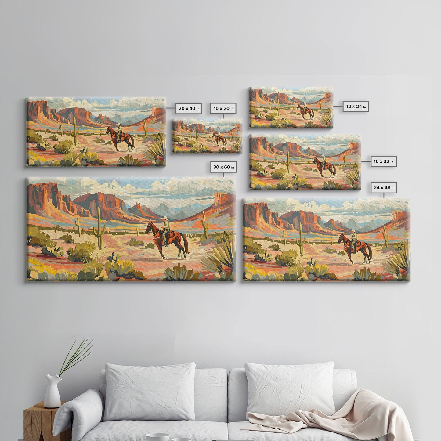 Serene Desert Scene with Cowboy, Ideal for Living Room Art, Framed Canvas Print, Bedroom Decor, Home Decoration, Southwestern Decor
