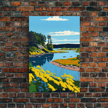 Colorful Pop Art Picture of a Stream, Framed Canvas Print, Surrealist High Contrast Cel Shaded Landscape Art