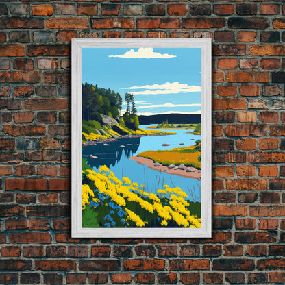 Colorful Pop Art Picture of a Stream, Framed Canvas Print, Surrealist High Contrast Cel Shaded Landscape Art