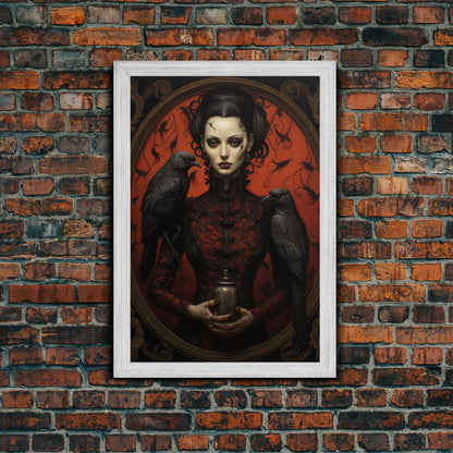 The Witch and Her Crows, Framed Canvas, Oil Painting Print, Halloween Decor, Gothic Art, Dark Academia, Witchcraft Halloween Art, Raven Art