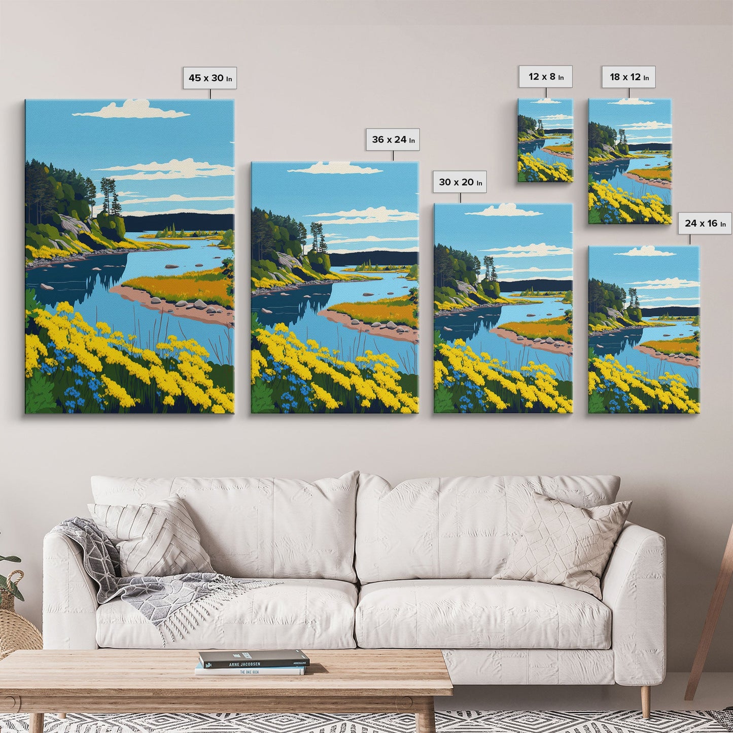 Colorful Pop Art Picture of a Stream, Framed Canvas Print, Surrealist High Contrast Cel Shaded Landscape Art