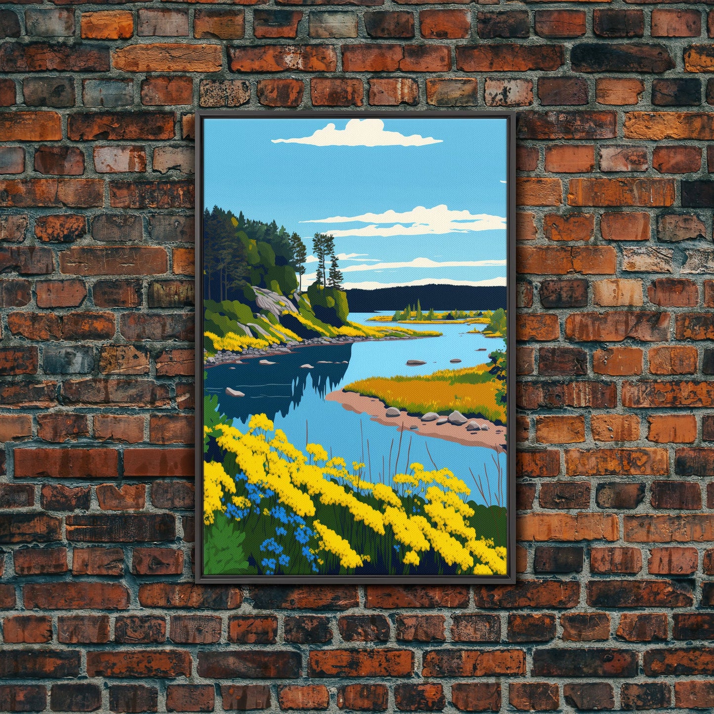 Colorful Pop Art Picture of a Stream, Framed Canvas Print, Surrealist High Contrast Cel Shaded Landscape Art