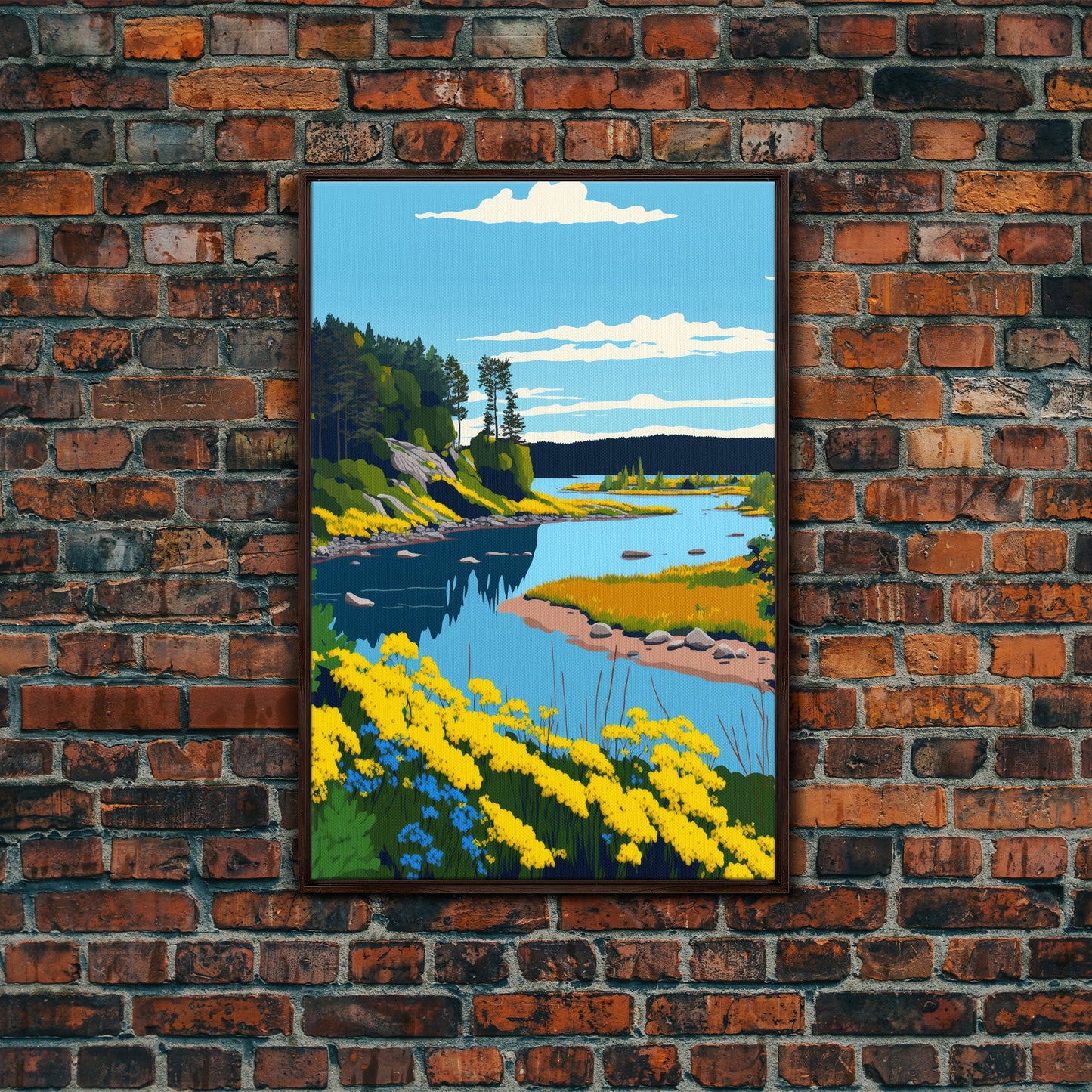 Colorful Pop Art Picture of a Stream, Framed Canvas Print, Surrealist High Contrast Cel Shaded Landscape Art