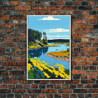 Colorful Pop Art Picture of a Stream, Framed Canvas Print, Surrealist High Contrast Cel Shaded Landscape Art