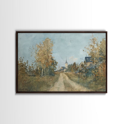 Old Country Road Leading To a Church, Framed Canvas Print, Unique Wall Art, One Of A Kind, folk art, Rustic Farmhouse