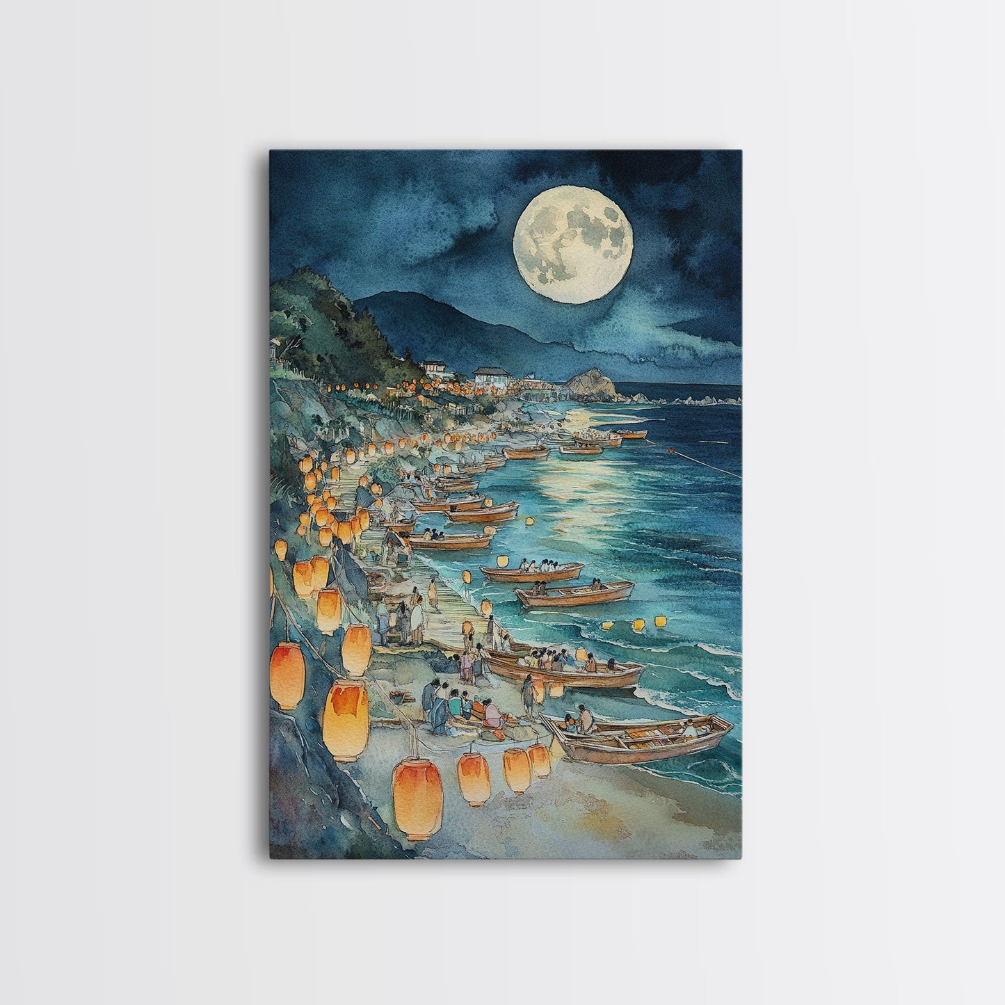 Japanese Paper Lamps Framed Canvas Print, Isamu Noguchi Akari Latern Festival, Christmas Decor