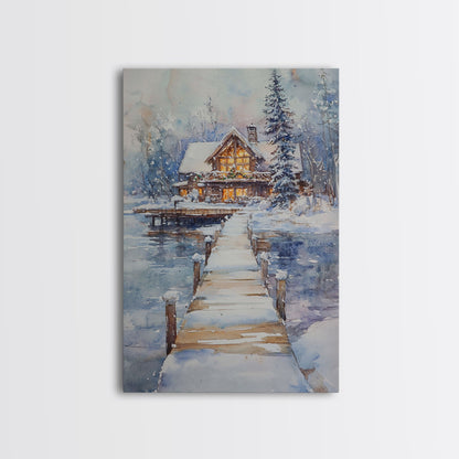 Christmas At The Lake, Framed Canvas Print, Wood Frame Lake House Decor, Winter Lakehouse Art